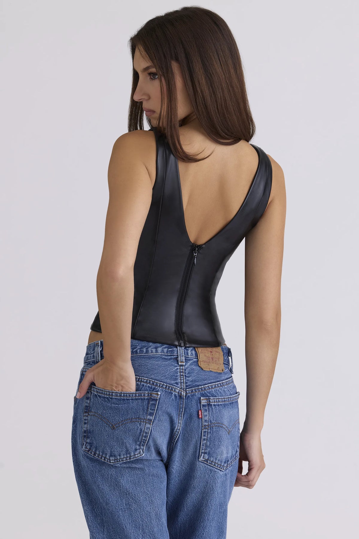 Catalina Black Vegan Leather V-Neck Top