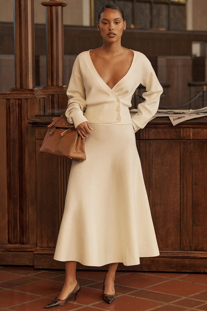 Solara Ivory Wool Mix Flared Midi Skirt