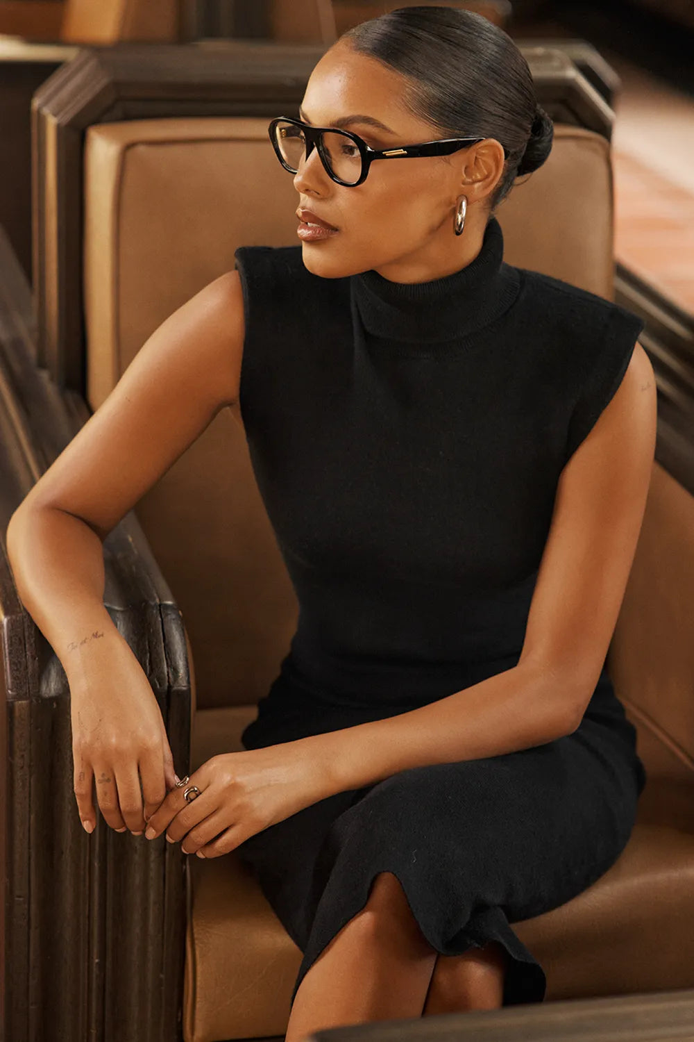Gaia Black Cashmere Blend Turtle Neck Midi Dress
