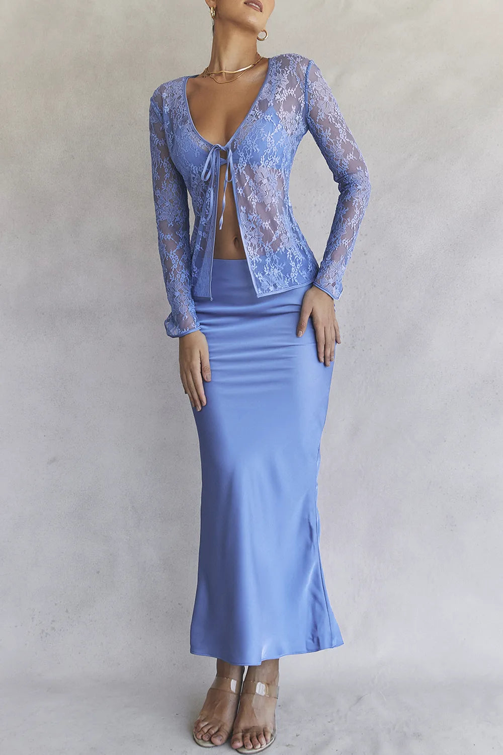 Clara Blue Satin Bias Cut Midi Skirt