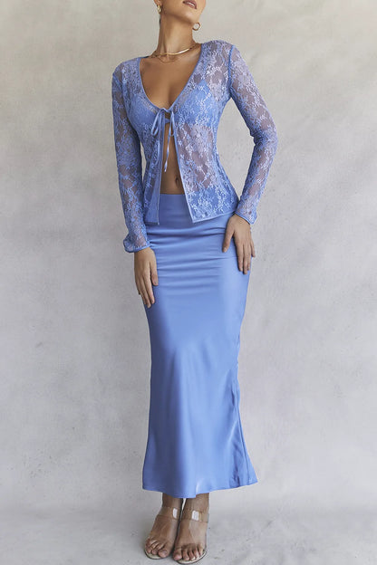 Clara Blue Satin Bias Cut Midi Skirt