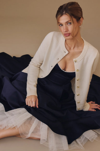Mademoiselle Navy Satin Tulle Midi Dress