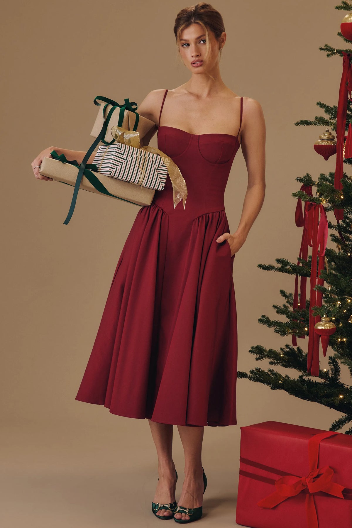 Samaria Wine Corset Midi Dress