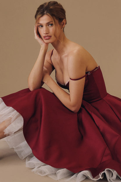 Mademoiselle Wine Satin Tulle Midi Dress