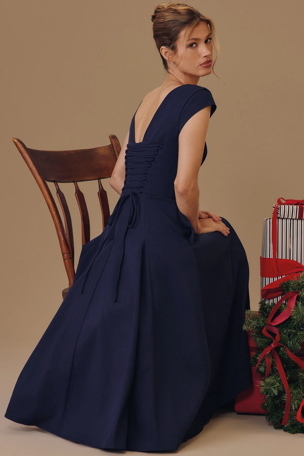 Raisa Navy Lace Back Twill Midi Dress