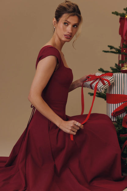 Raisa Wine Lace Back Twill Midi Dress