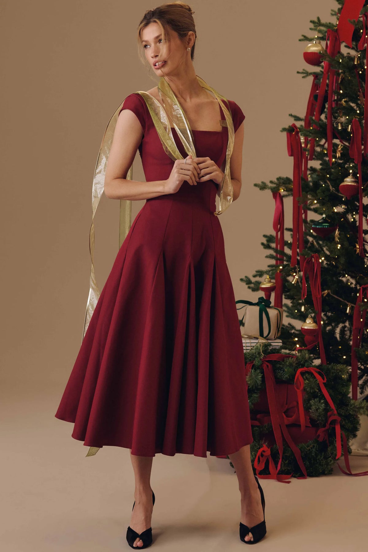 Raisa Wine Lace Back Twill Midi Dress