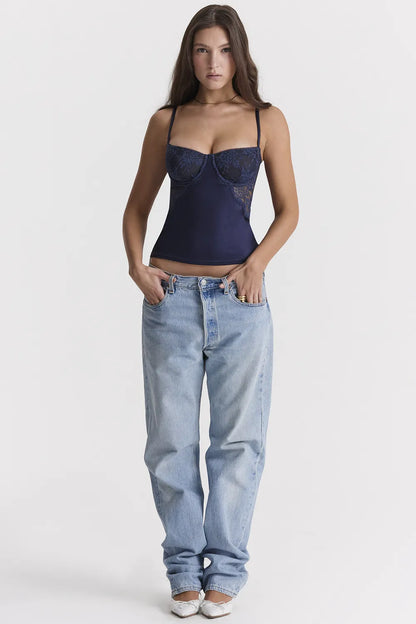 Cecilie Navy Satin & Lace Cami Top