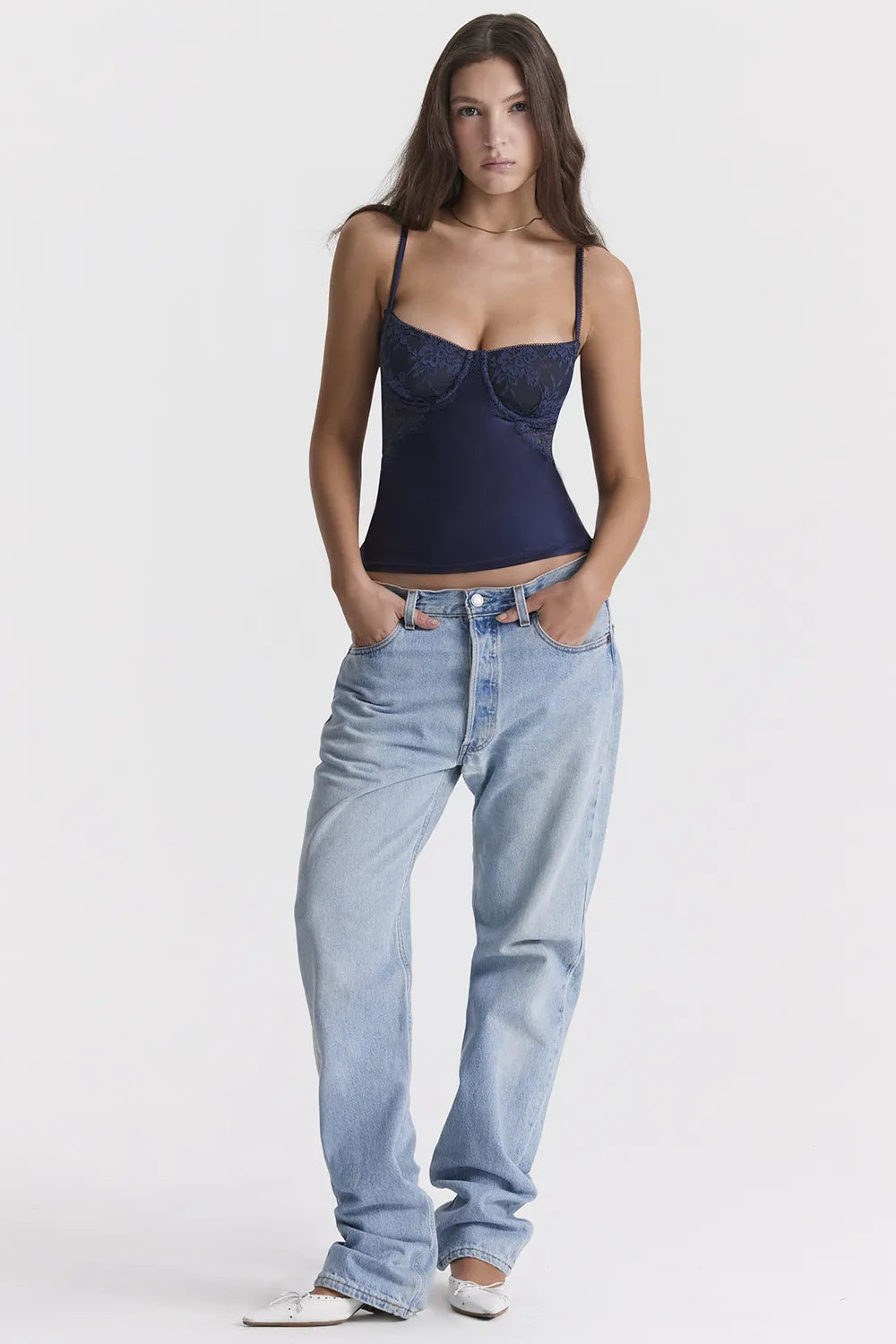 Cecilie Navy Satin & Lace Cami Top