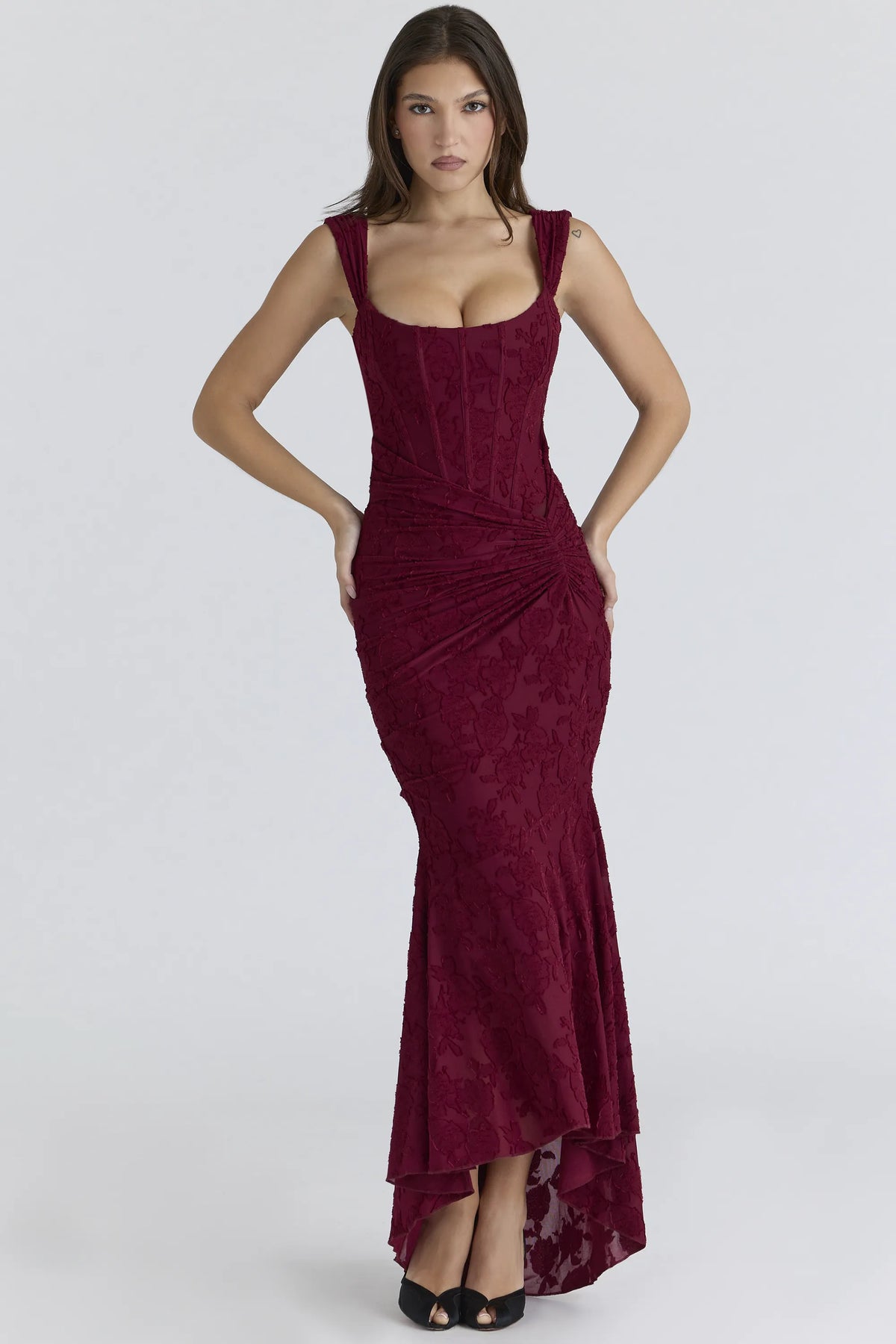 Cesca Wine Floral Lace Corset Maxi Dress