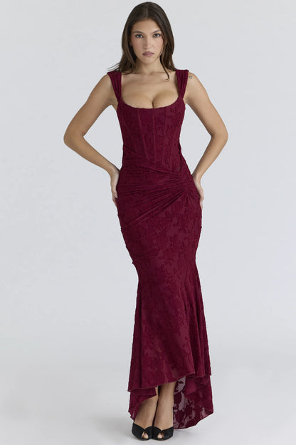 Cesca Wine Floral Lace Corset Maxi Dress