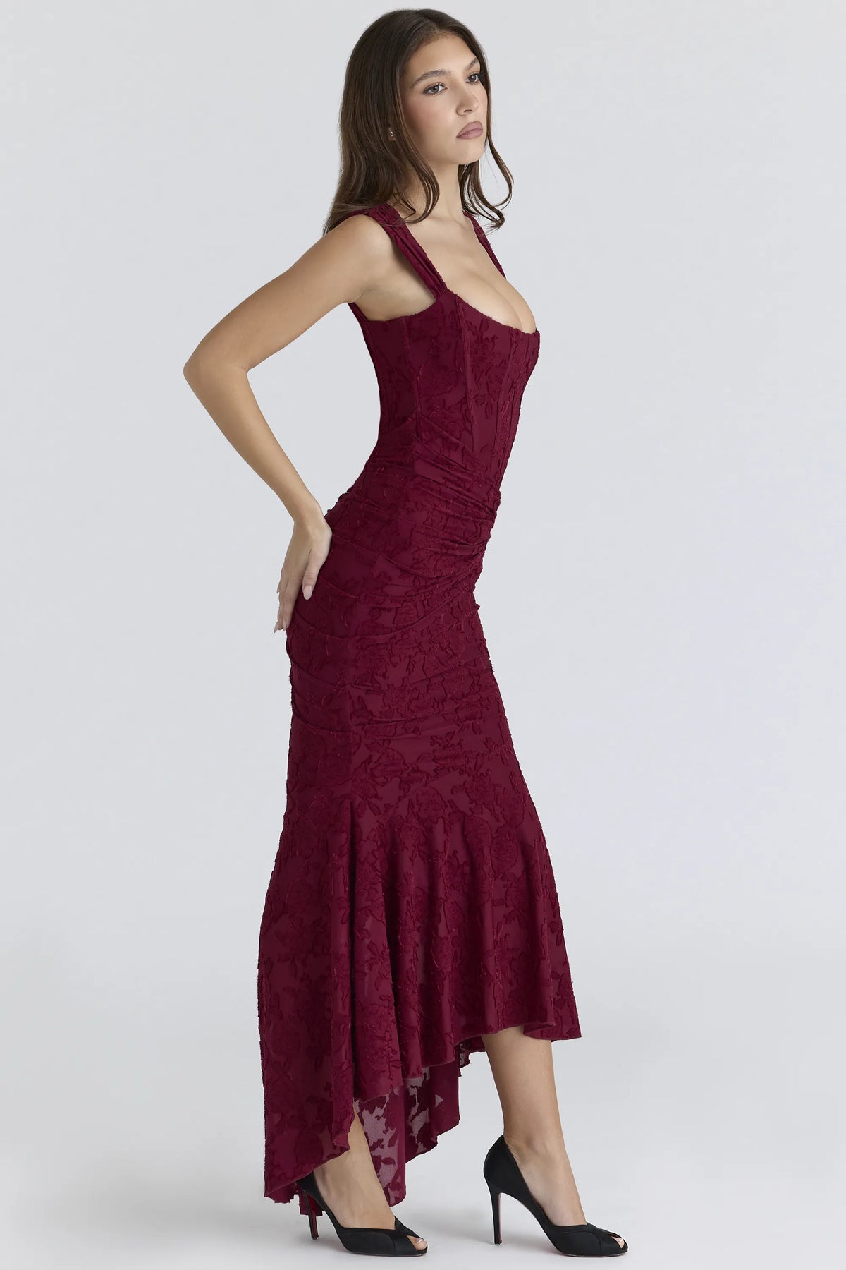 Cesca Wine Floral Lace Corset Maxi Dress