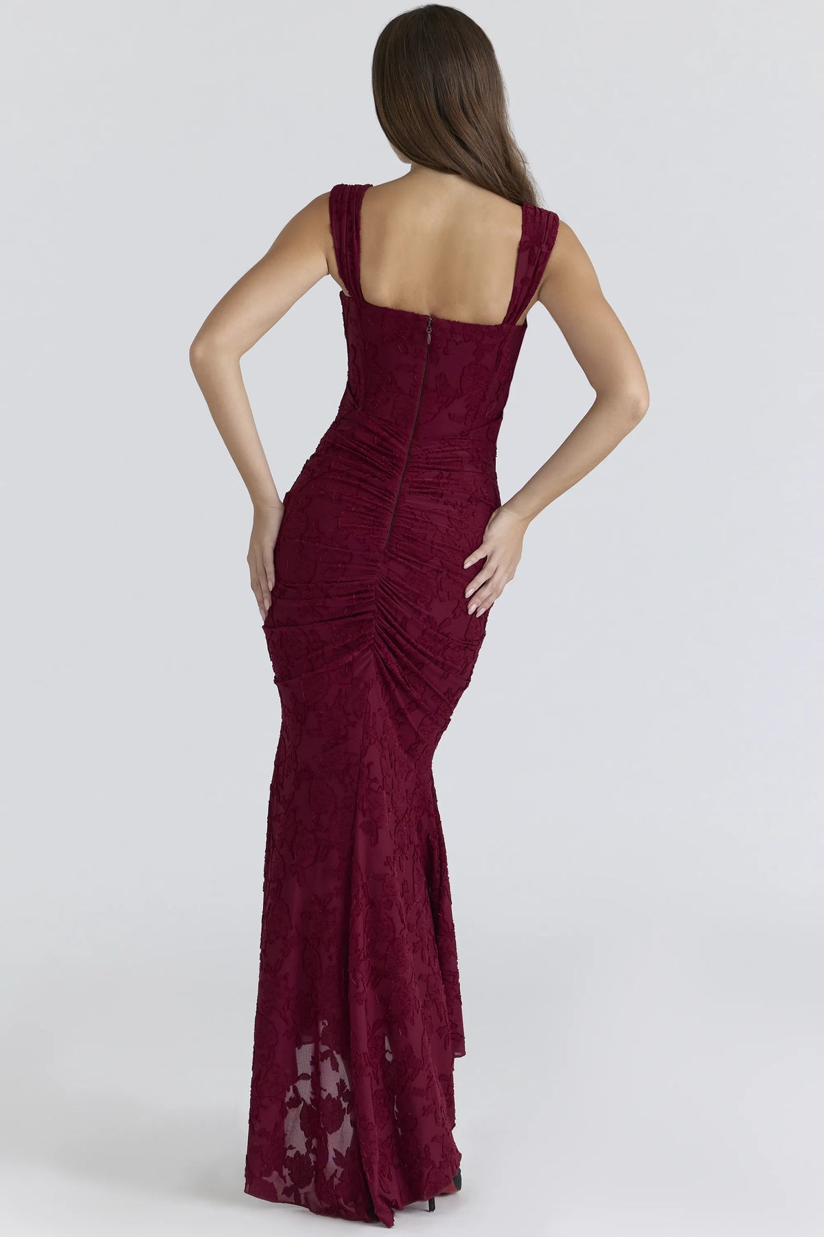Cesca Wine Floral Lace Corset Maxi Dress