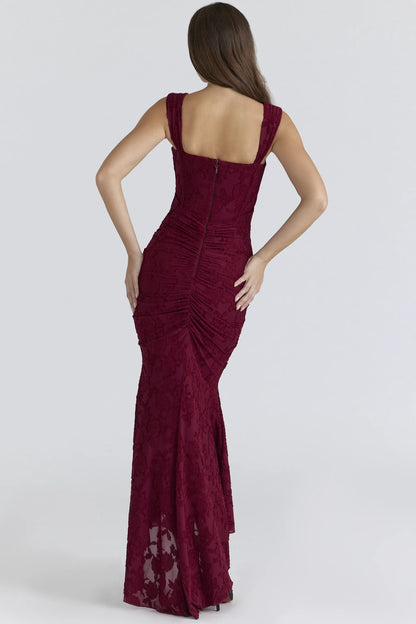 Cesca Wine Floral Lace Corset Maxi Dress
