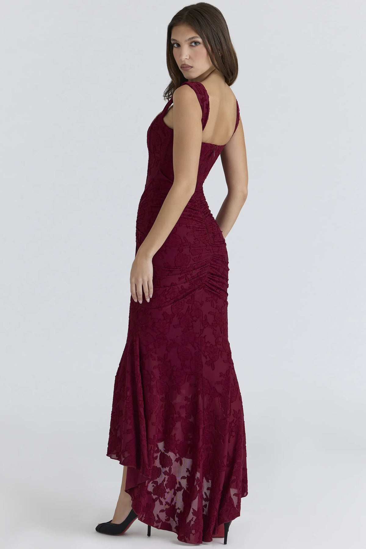 Cesca Wine Floral Lace Corset Maxi Dress