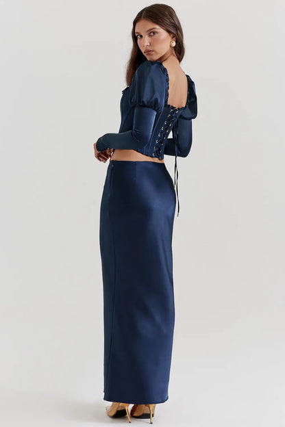 Charlene Navy Satin Bias Cut Maxi Skirt