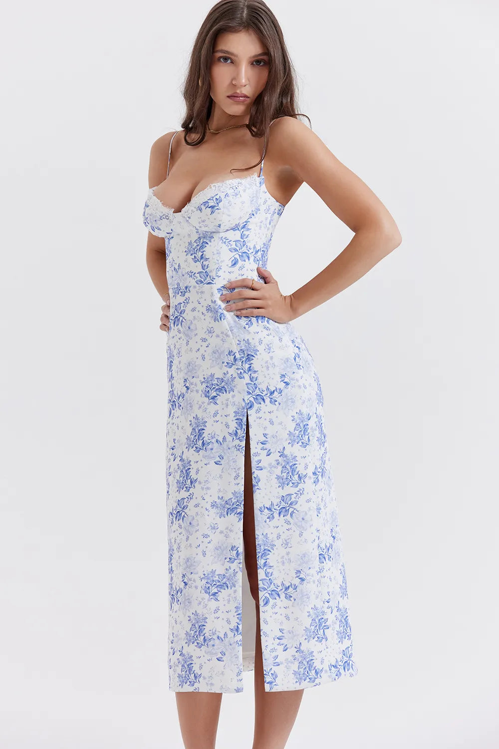 Charlotte Blue Print Corset Midi Dress