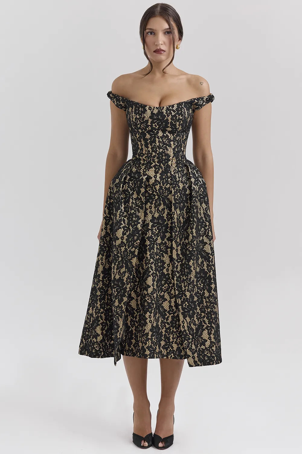 Charming Black Gold Lace Off Shoulder Midi Gown