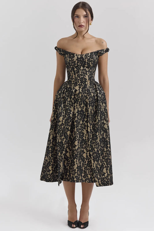 Charming Black Gold Lace Off Shoulder Midi Gown