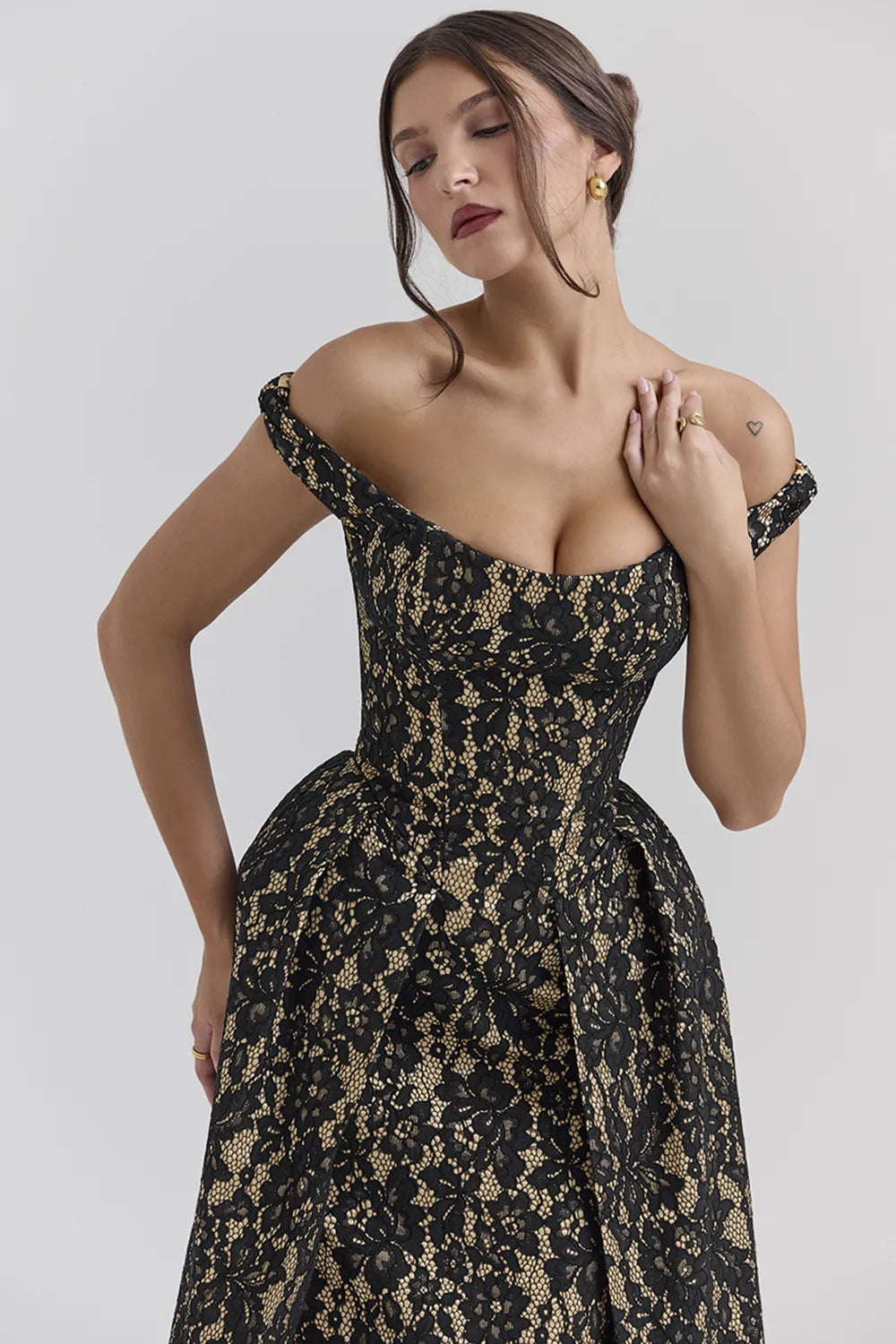 Charming Black Gold Lace Off Shoulder Midi Gown