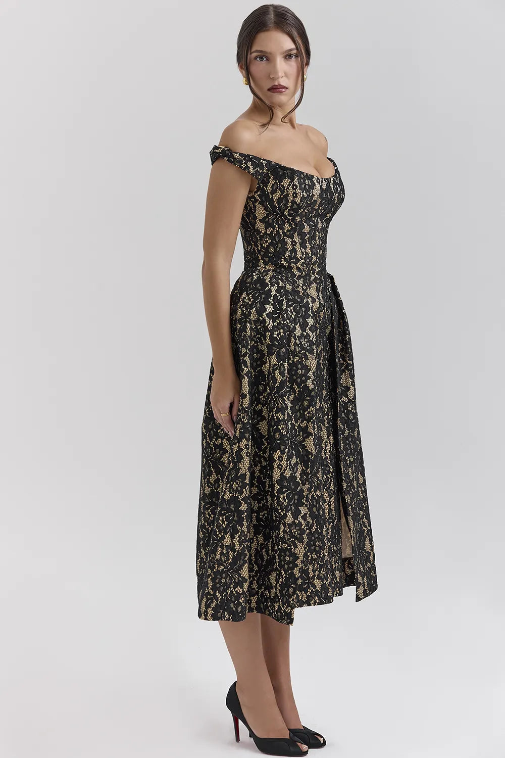 Charming Black Gold Lace Off Shoulder Midi Gown