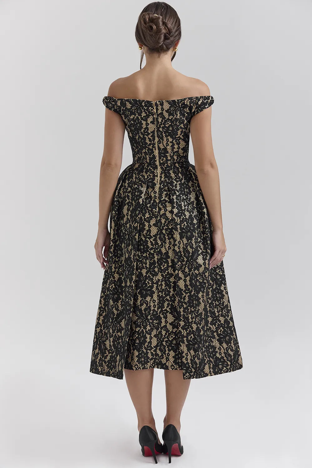 Charming Black Gold Lace Off Shoulder Midi Gown