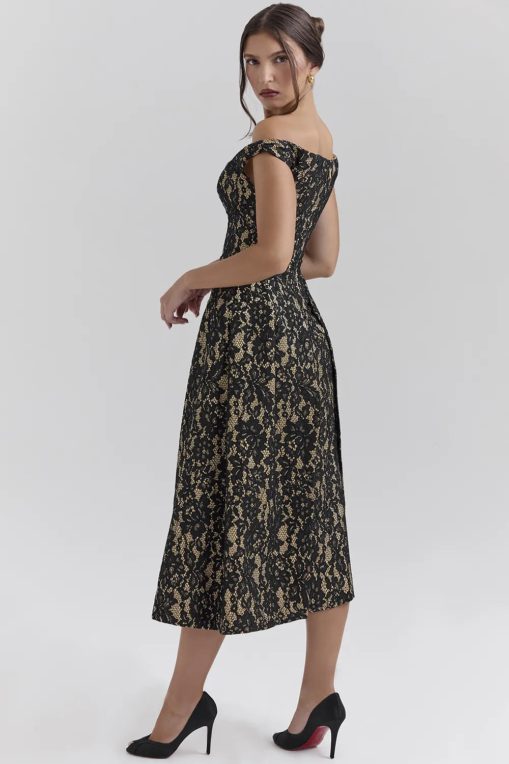 Charming Black Gold Lace Off Shoulder Midi Gown