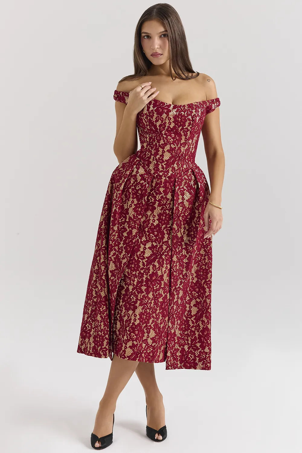 Charming Gold and Berry Lace Midi Off Shoulder Dress