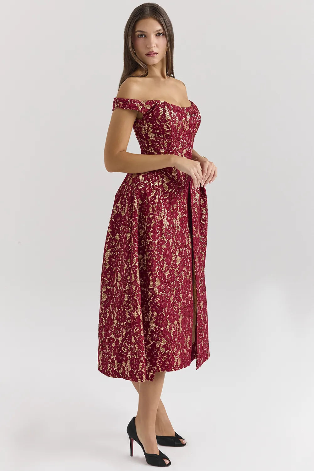 Charming Gold and Berry Lace Midi Off Shoulder Dress