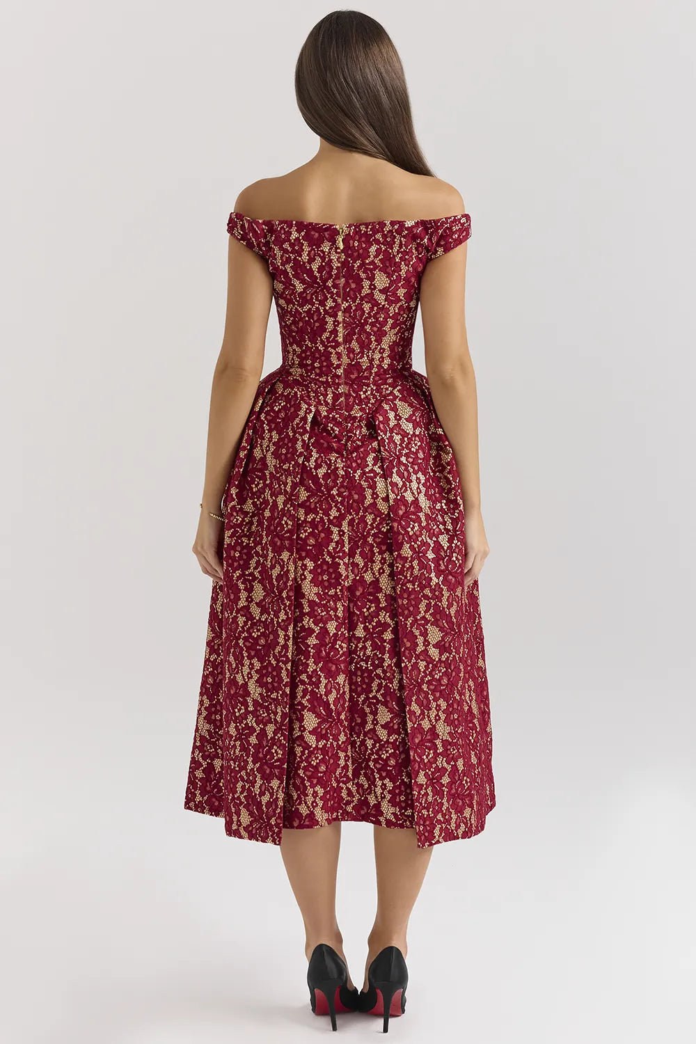 Charming Gold and Berry Lace Midi Off Shoulder Dress