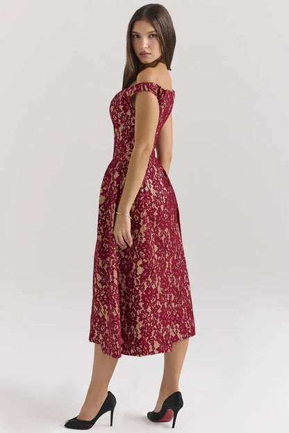 Charming Gold and Berry Lace Midi Off Shoulder Dress