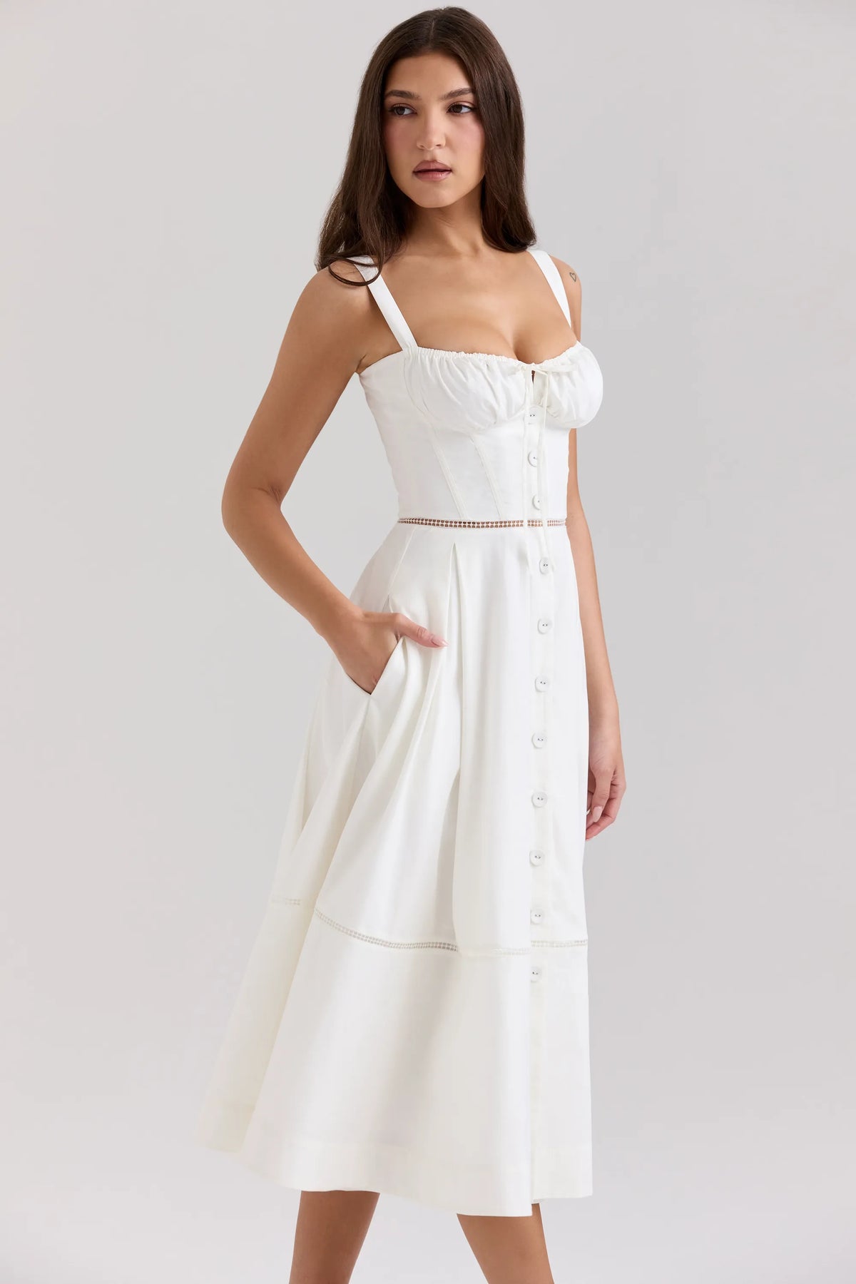 Chiarina White Cotton Button Front Midi Dress