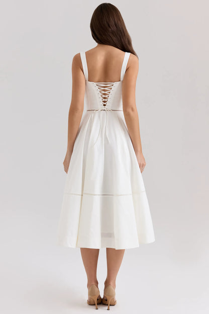 Chiarina White Cotton Button Front Midi Dress