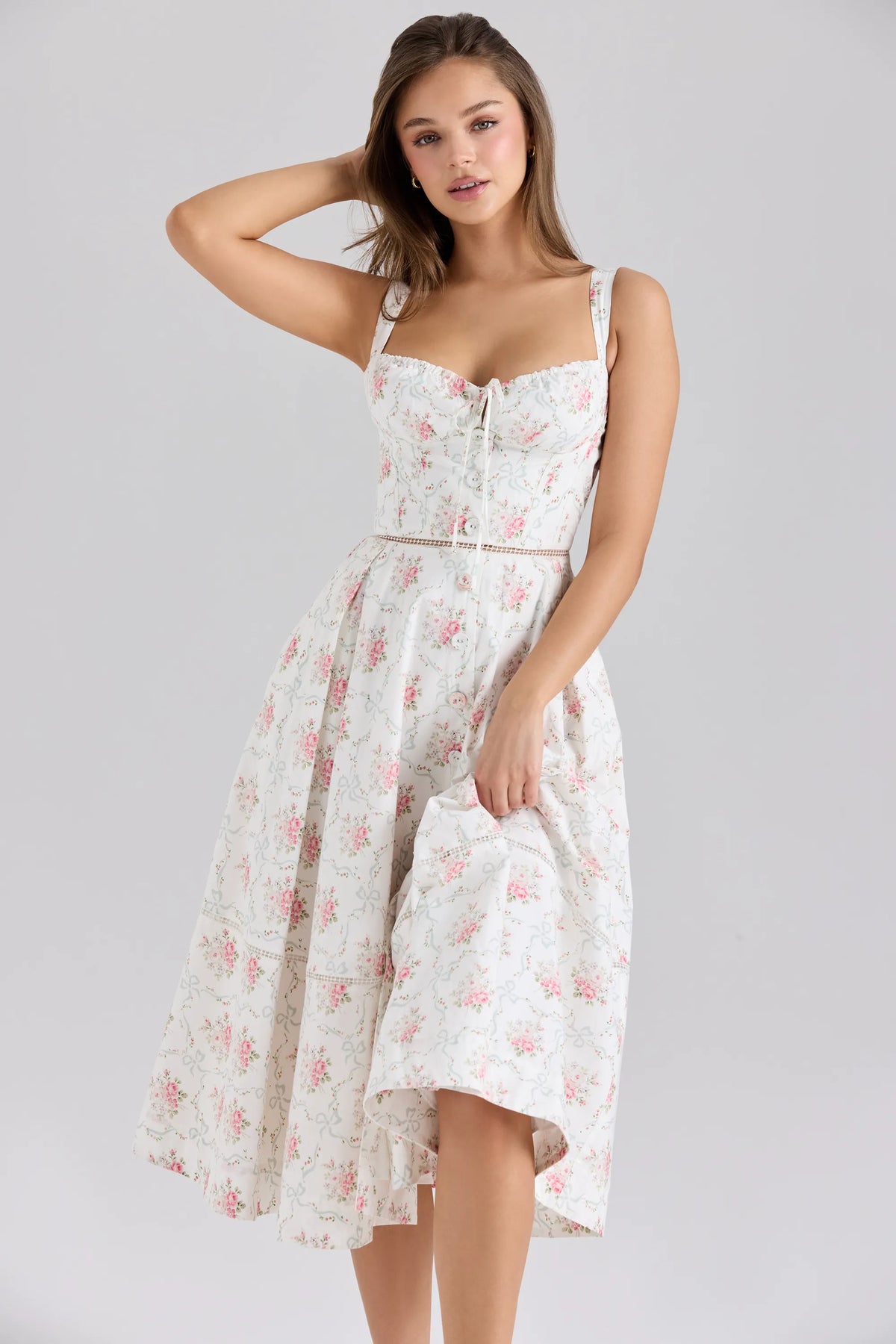 Chiarina Rose Print Cotton Button Front Midi Dress