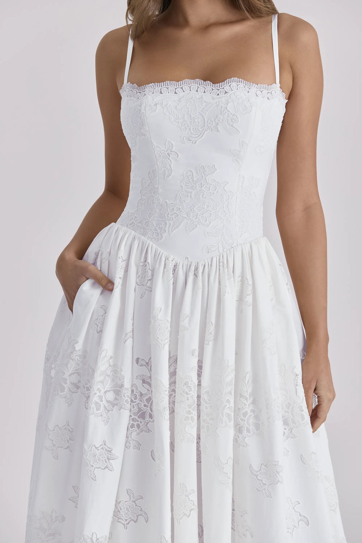 Chloe White Custom Lace + Cotton Midi Sundress