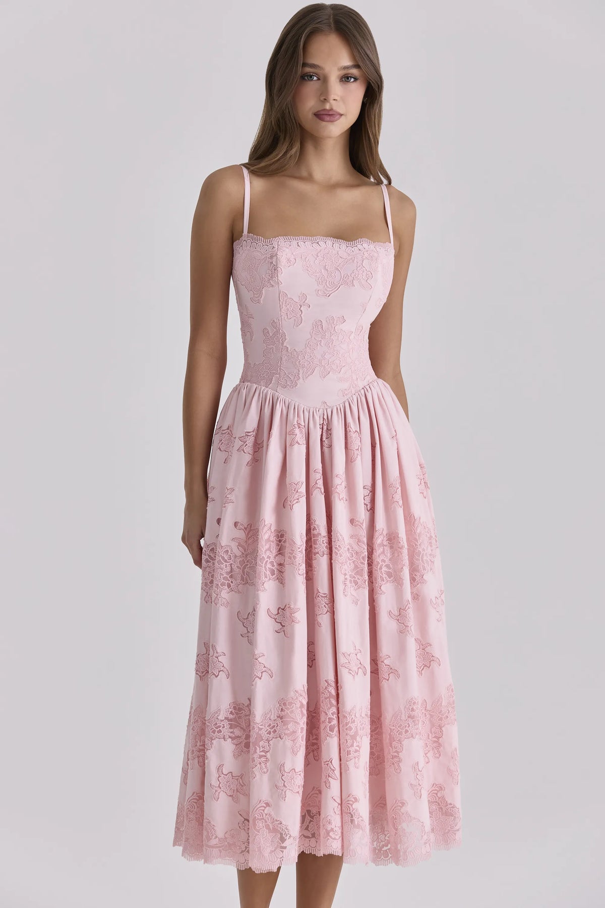 Chloe Pink Cotton Broderie Anglais Lace Midi Sundress