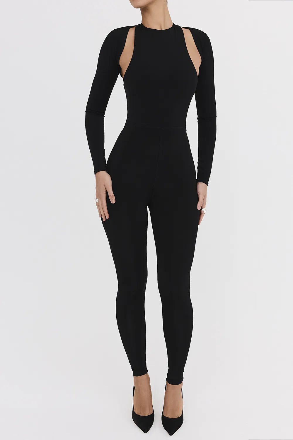 Mistress Rocks Black Lycra Jersey Jumpsuit With Shrug - SALE