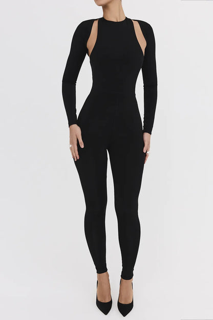 Mistress Rocks Black Lycra Jersey Jumpsuit With Shrug - SALE