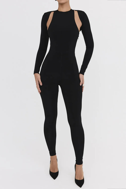 Mistress Rocks Black Lycra Jersey Jumpsuit With Shrug - SALE