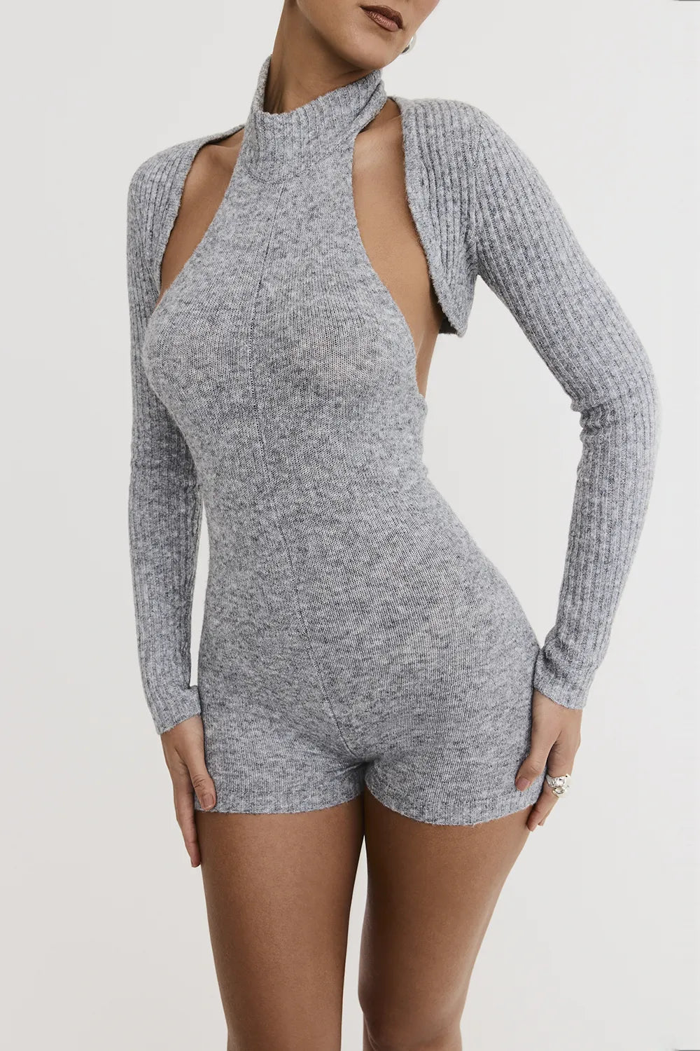 Mistress Rocks Grey Marl Knitted Playsuit With Shrug - SALE