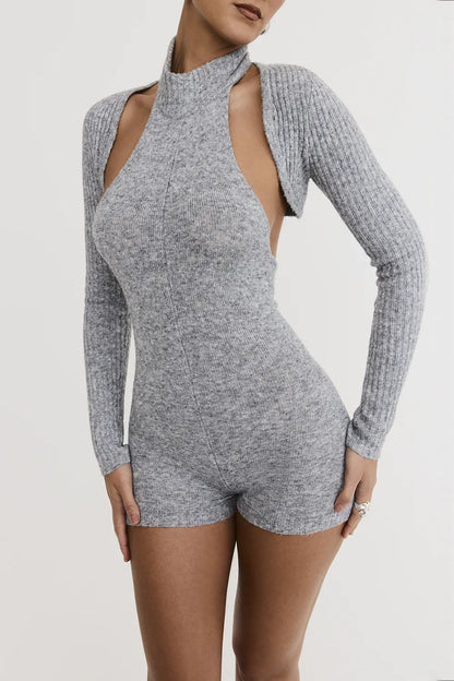 Mistress Rocks Grey Marl Knitted Playsuit With Shrug - SALE