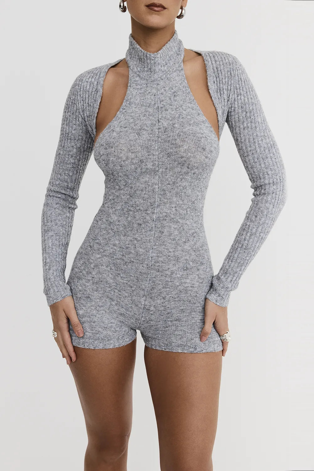 Mistress Rocks Grey Marl Knitted Playsuit With Shrug - SALE