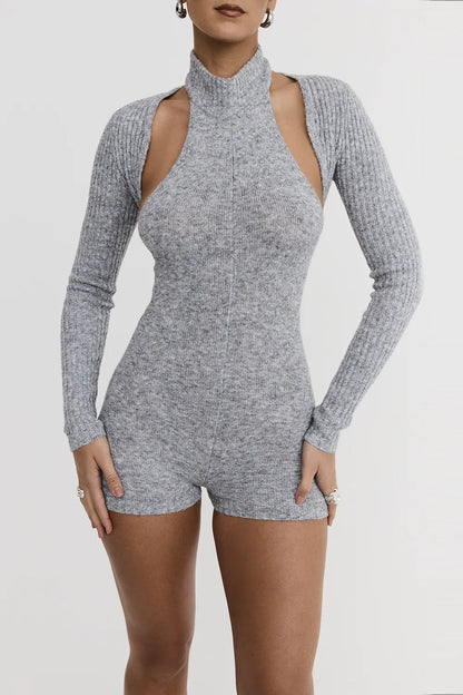 Mistress Rocks Grey Marl Knitted Playsuit With Shrug - SALE