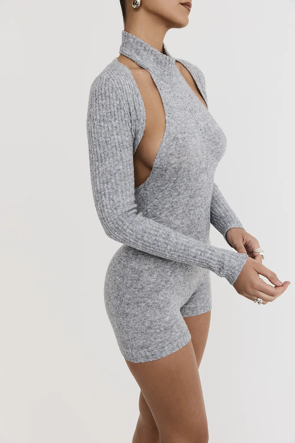 Mistress Rocks Grey Marl Knitted Playsuit With Shrug - SALE