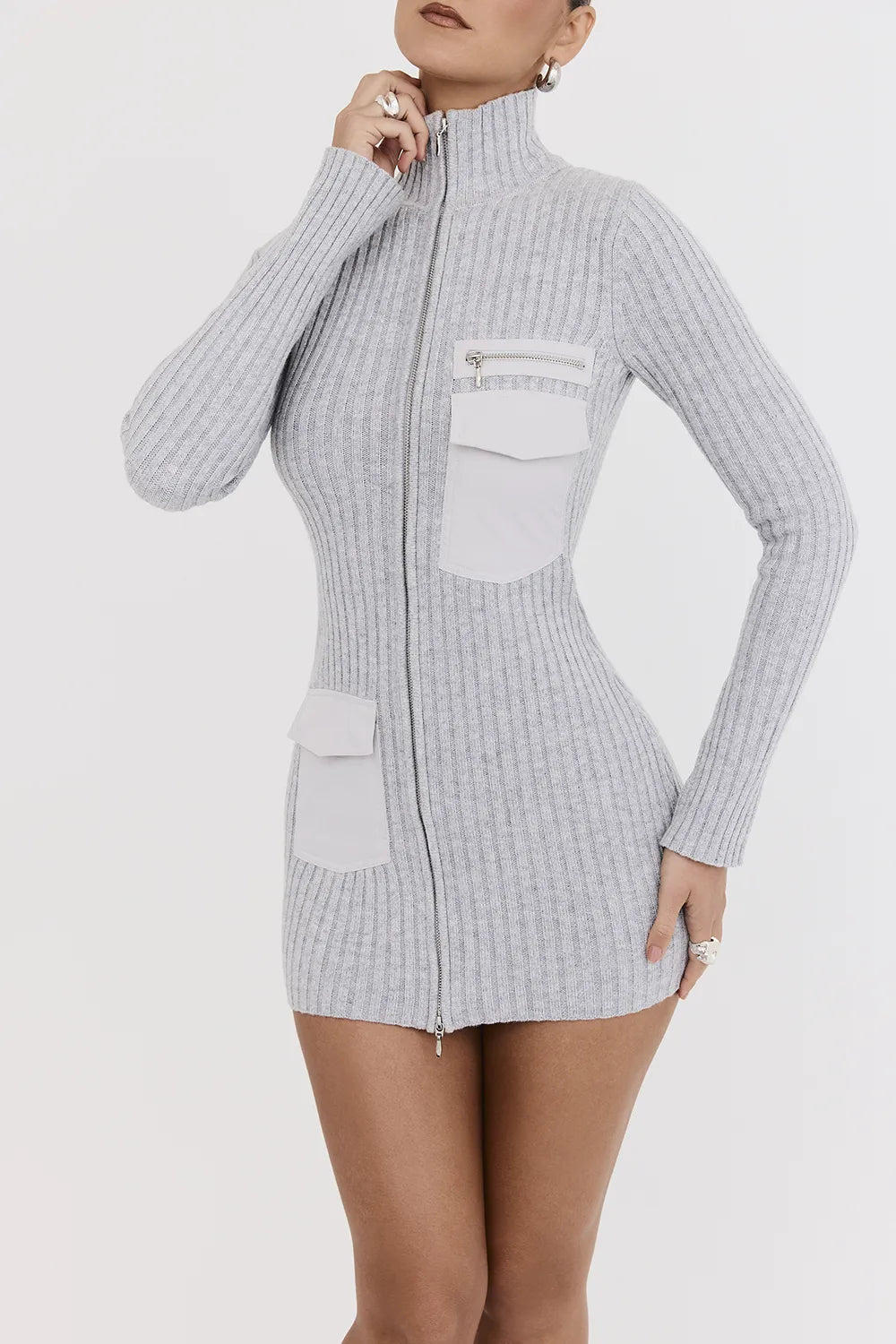 Mistress Rocks Grey Marl Rib Knit Mini Dress - SALE