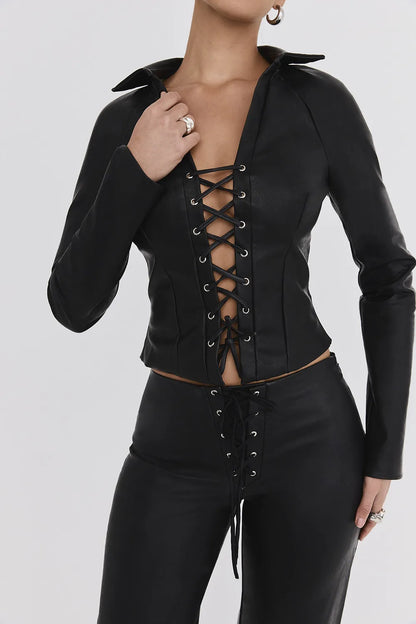 Mistress Rocks Black Vegan Leather Lace Up Top - SALE