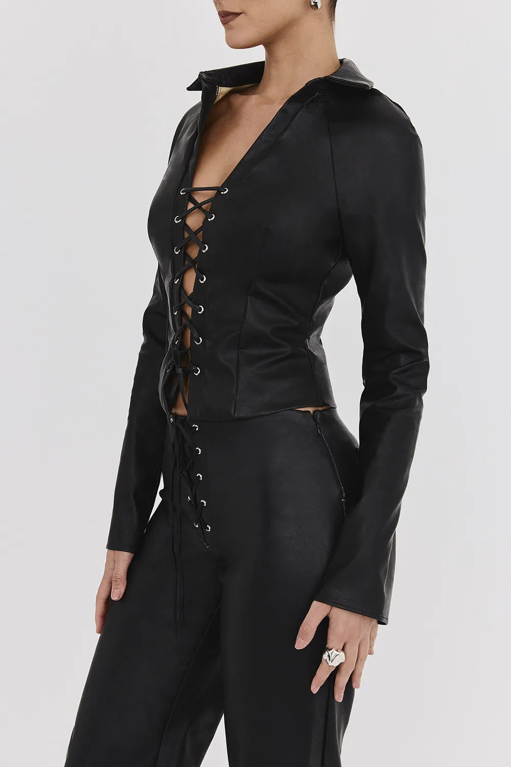 Mistress Rocks Black Vegan Leather Lace Up Top - SALE