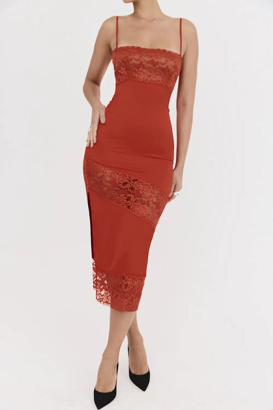 Mistress Rocks Rose Red Satin & Lace Midi Dress - SALE