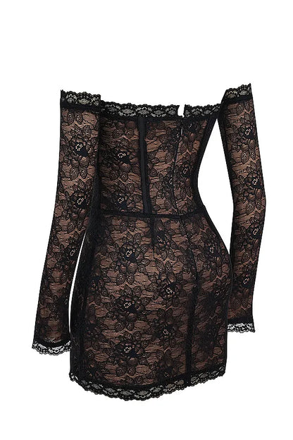 Mistress Rocks Black Lace Off Shoulder Mini Dress - SALE