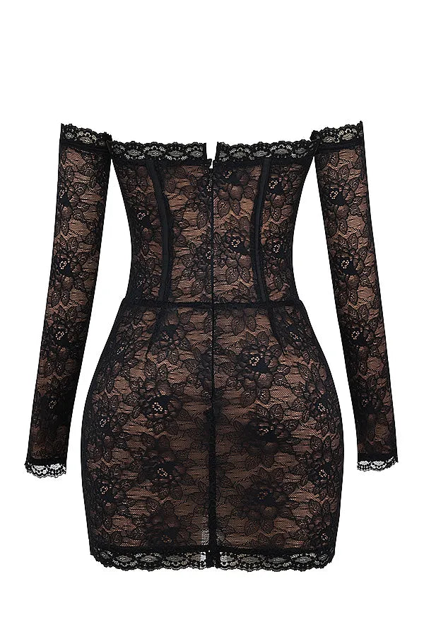 Mistress Rocks Black Lace Off Shoulder Mini Dress - SALE